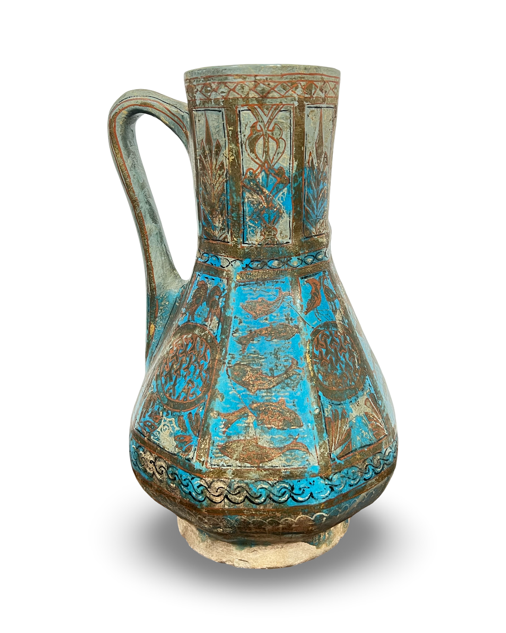 Lot 155: A TURQUOISE-GLAZED LAJVARDINA POTTERY JUG, ILKHANID IRAN, 13TH CENTURY