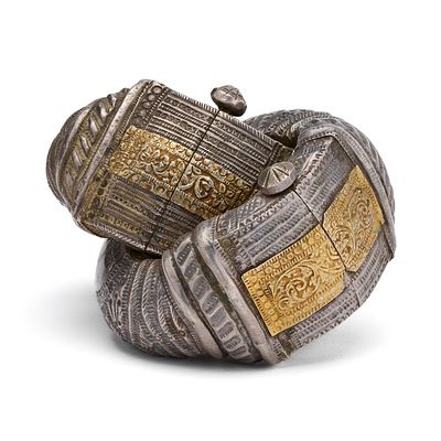 Two Large Omani Silver and Gold Hinged Bracelets/Anklets, Sur or Ibri, Oman, 19th Century