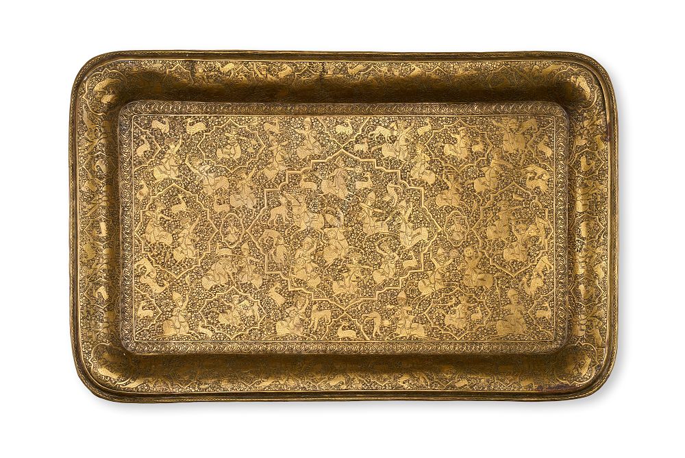 Lot 213: A QAJAR ENGRAVED BRASS RECTANGULAR TRAY, PERSIA, 19TH CENTURY