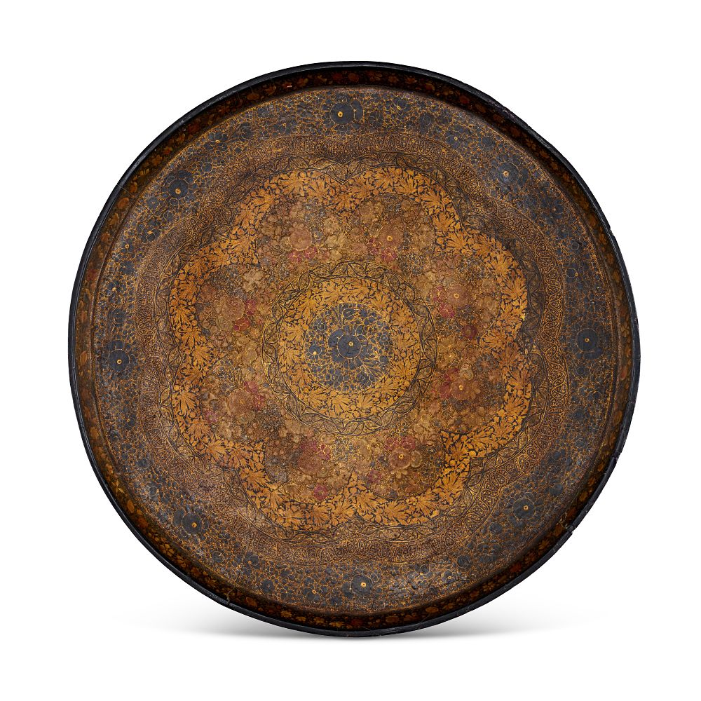 Lot 215: A LARGE KASHMIRI LACQUERED PAPIER-MACHE TRAY, 19TH CENTURY