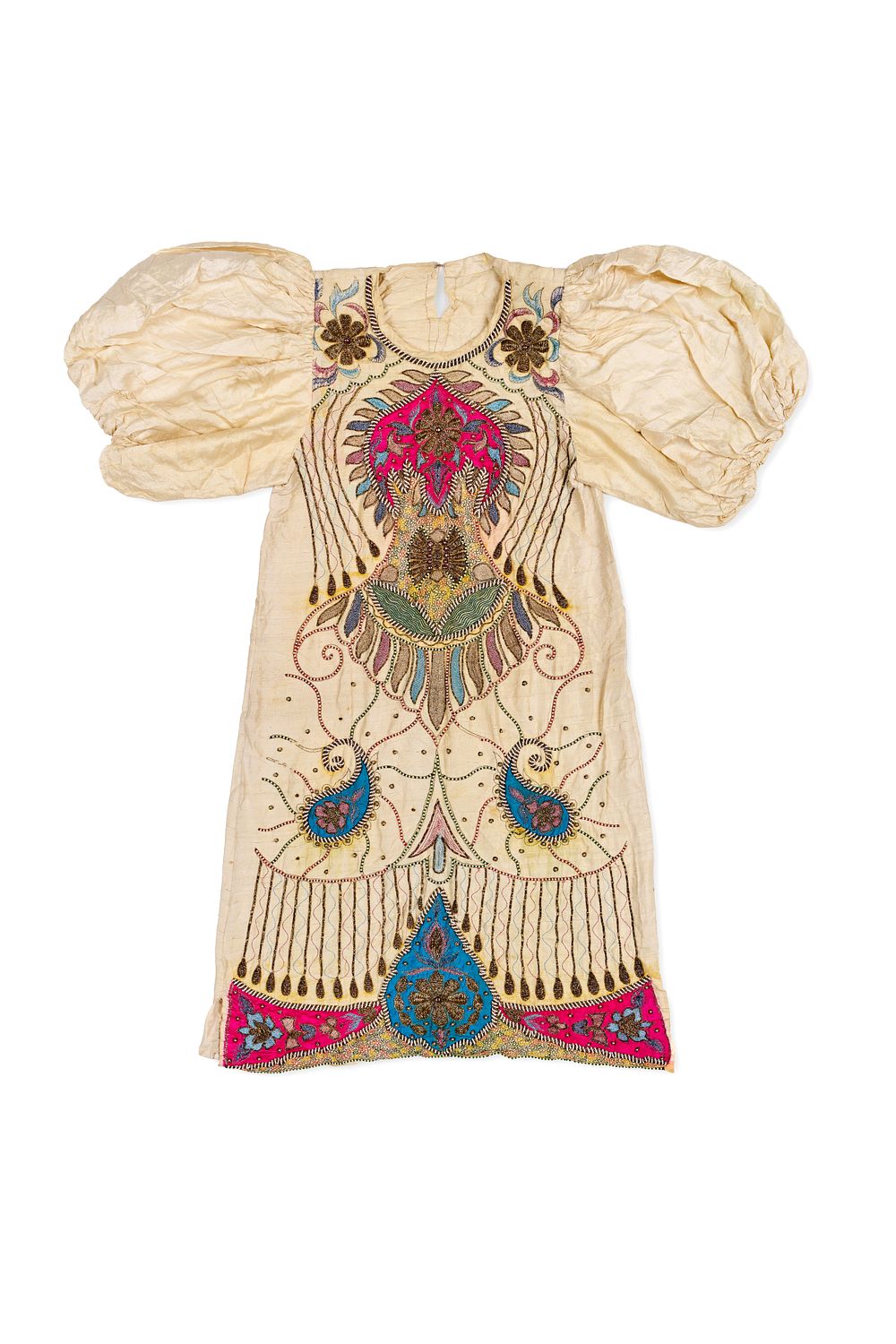 Lot 360: A HAND-EMBELLISHED SILK SHANTUNG TUNIC DRESS, LATE 1960S - EARLY 1970S