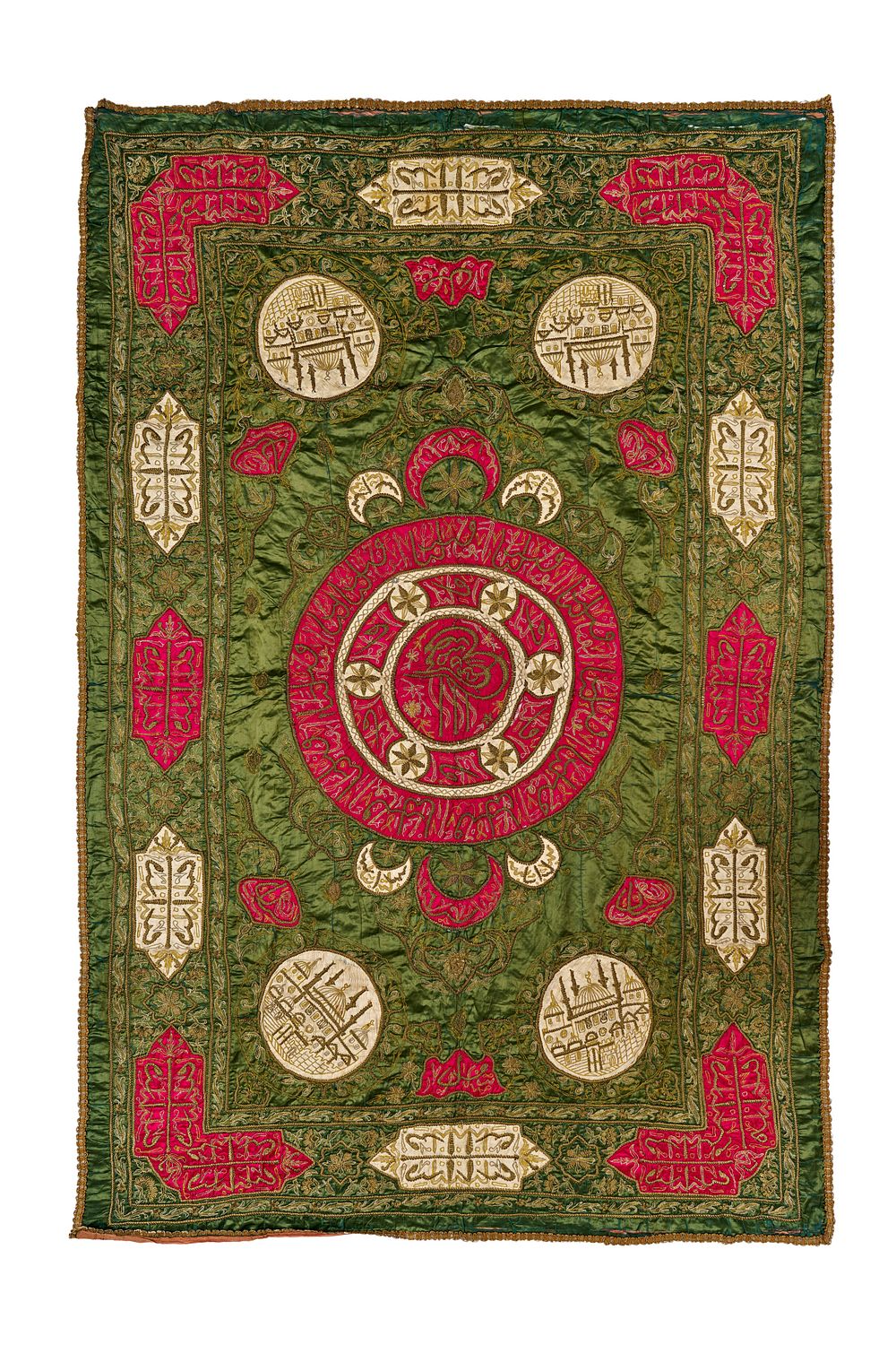 Lot 362: A LARGE METALLIC THREAD EMBROIDERED SILK PANEL FEATURING A ROYAL TUGHRA AND MOSQUE VIGNETTES, 19TH - 20TH CENTURY