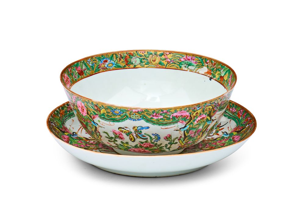 Lot 340: A CHINESE CANTON FAMILLE ROSE PORCELAIN BOWL AND DISH FOR THE PERSIAN MARKET, DATED 1299 AH (1881 AD)
