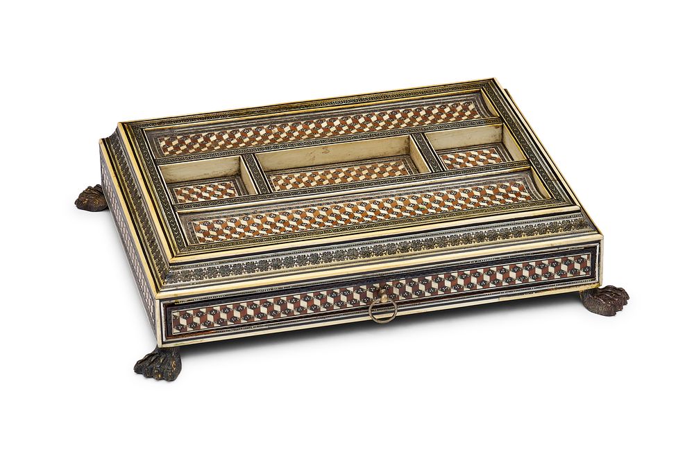 Lot 310: AN ANGLO-INDIAN SADELI MOSAIC DESK INK STAND, VIZAGAPATAM, 19TH CENTURY