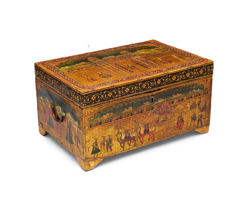 Lot 311: AN INDIAN POLYCHROME PAINTED WOODEN STORAGE CHEST, 19TH - 20TH CENTURY