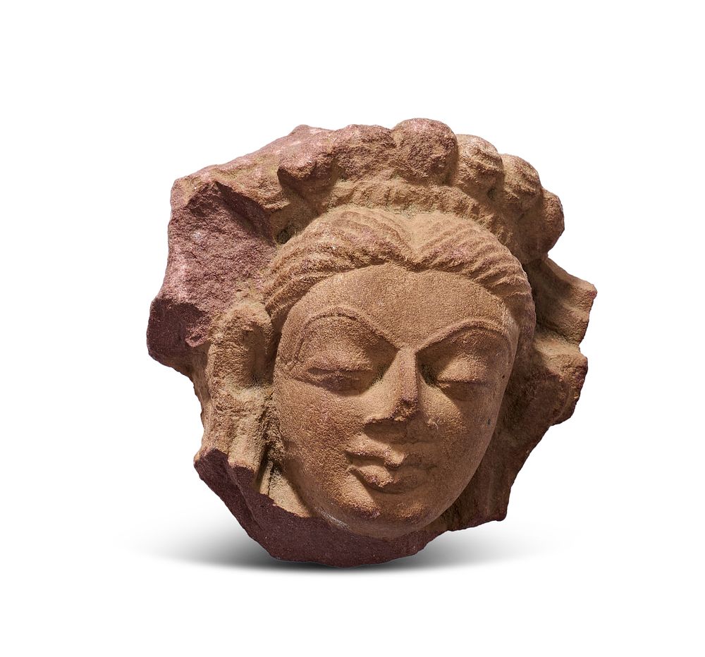 Lot 330: A RED SANDSTONE HEAD OF A FEMALE DEITY, CENTRAL INDIA, MATHURA, CIRCA 2ND CENTURY