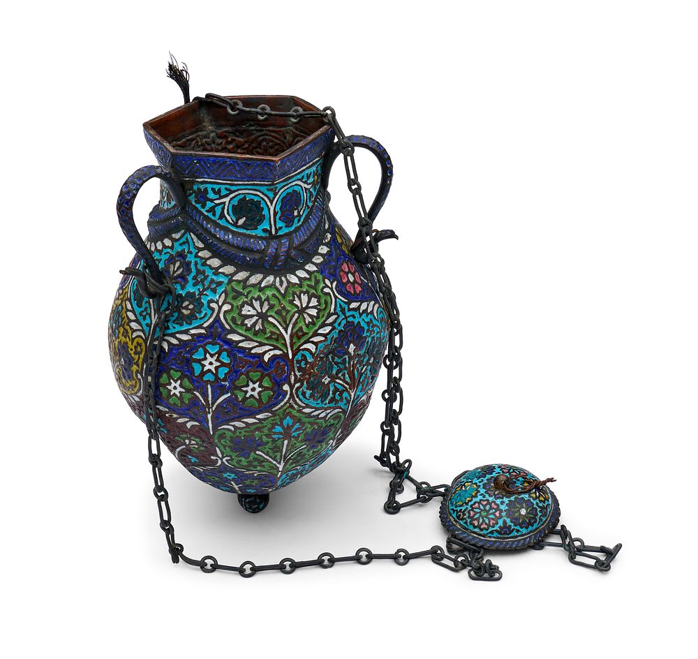 Lot 217: A KASHMIRI ENAMELLED COPPER HANGING LAMP, INDIA, 19TH CENTURY