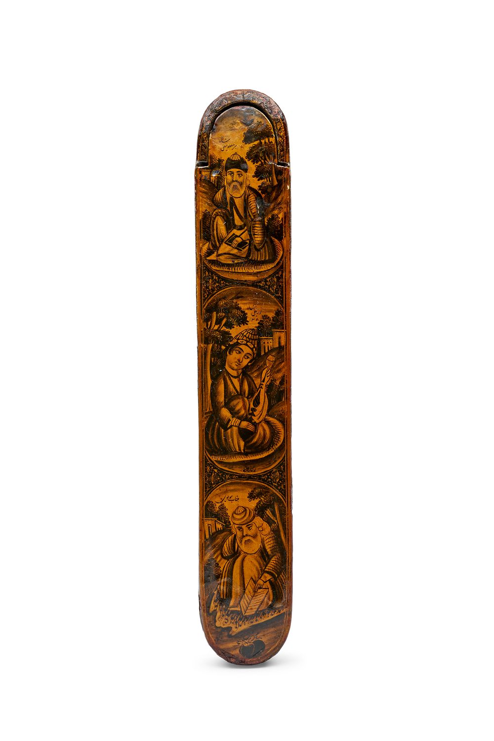 Lot 315: A QAJAR LACQUERED PAPER-MACHE PEN BOX QALAMDAN DEPICTING SUFI MASTERS, PERSIA, 19TH CENTURY