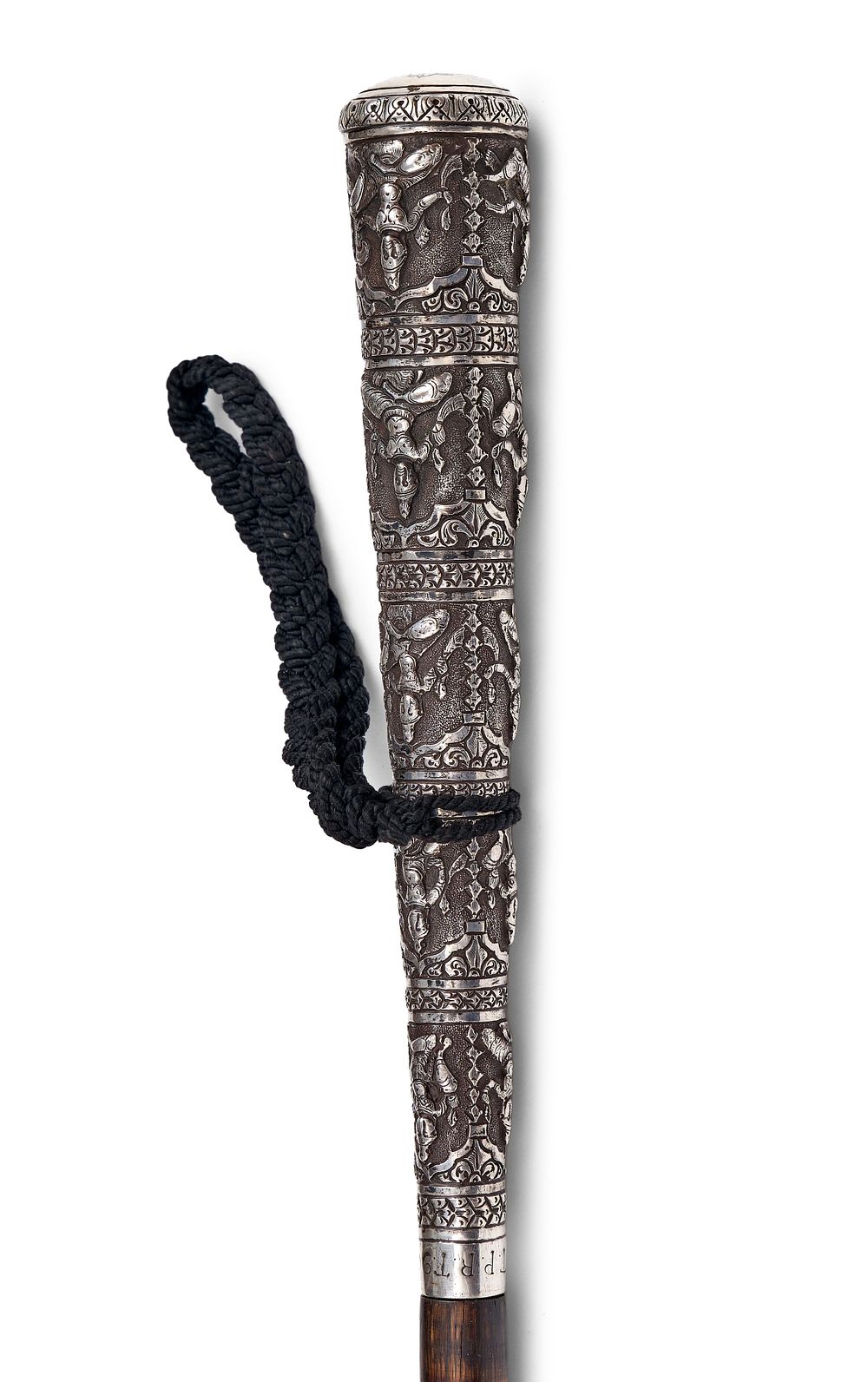 Lot 303: A SOUTHEAST ASIAN SILVER MOUNTED HARDWOOD WALKING CANE WITH MONOGRAMMED CAP, 19TH CENTURY