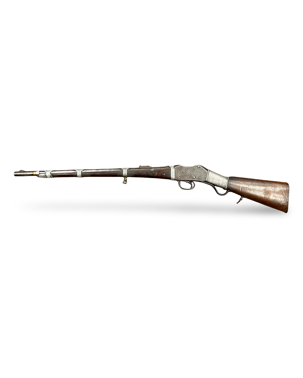 Lot 287: A SILVER MOUNTED MARTINI-HENRY OMANI TRIBAL FALLING-BLOCK ACTION RIFLE, 19TH CENTURY