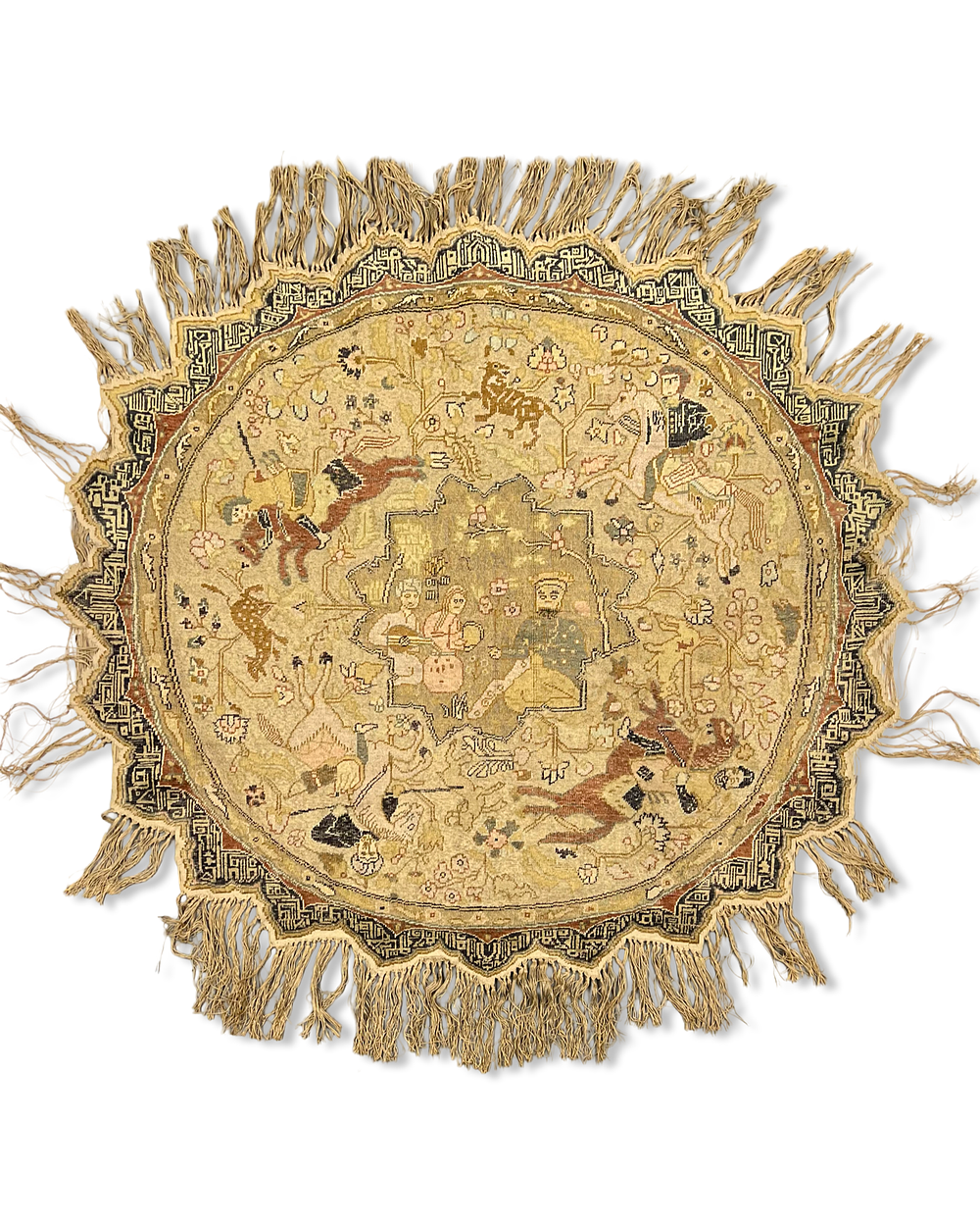 Lot 363: A CIRCULAR TURKISH KAYSERI WOOL AND METALLIC THREAD PICTORIAL RUG, 19TH - 20TH CENTURY