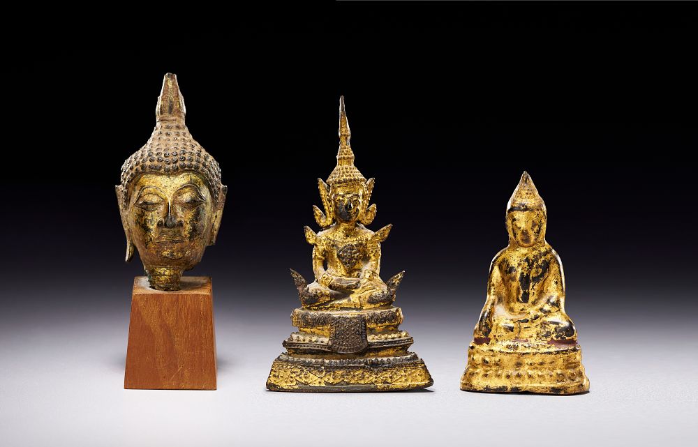 Lot 339: THREE THAI GILT BRONZE BUDDHA FIGURES, 18TH - 19TH CENTURY