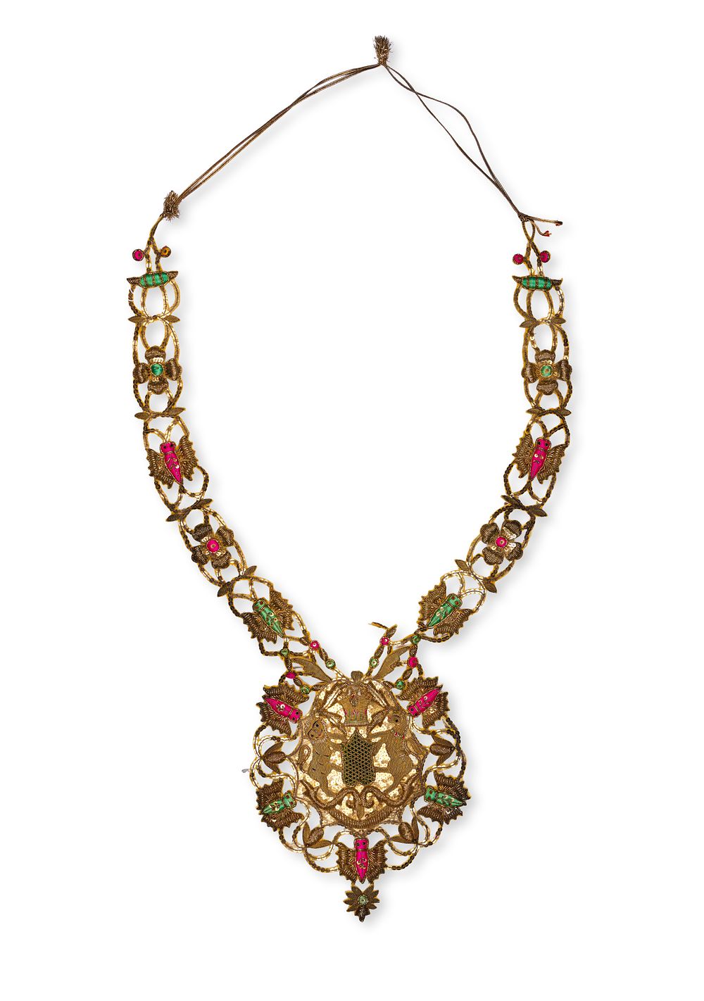 Lot 234: A METAL-THREAD EMBROIDERED CEREMONIAL GARLAND (HAR) BEARING THE STATE OF NABHA AND BRITISH ROYAL COATS OF ARMS, 19TH - 20TH CENTURY