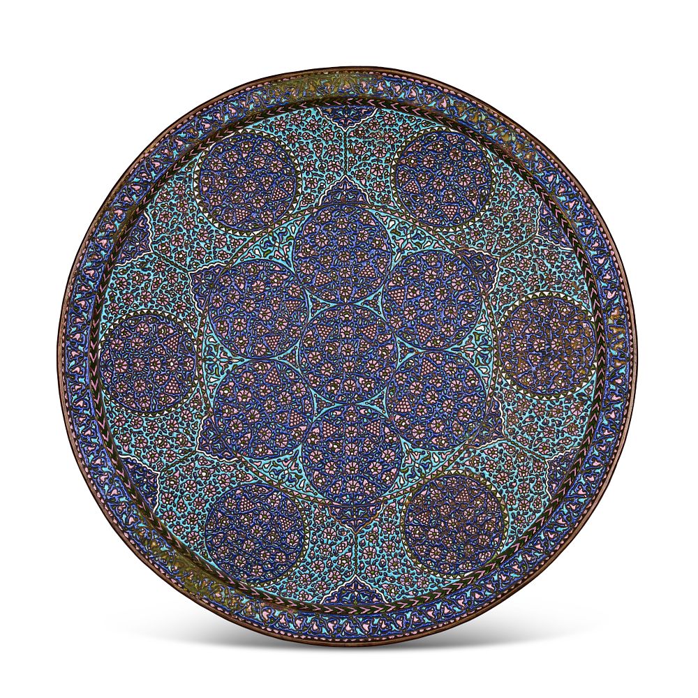 Lot 219: A LARGE SARAF ENAMELLED COPPER DECORATIVE TRAY, SYRIA, 19TH CENTURY