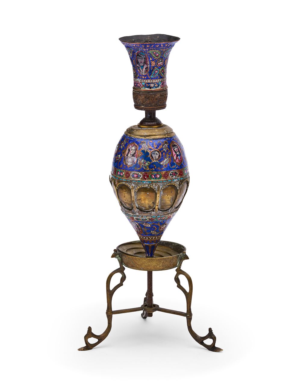Lot 224: A PERSIAN QAJAR ENAMELLED COPPER QALYAN BASE AND TRIPOD STAND, 19TH CENTURY