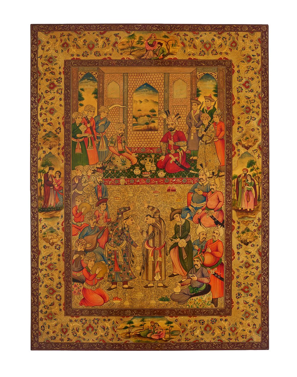 Lot 318: A PERSIAN LACQUERED DECORATIVE PANEL DEPICTING A COURTLY MAJLIS, 20TH CENTURY