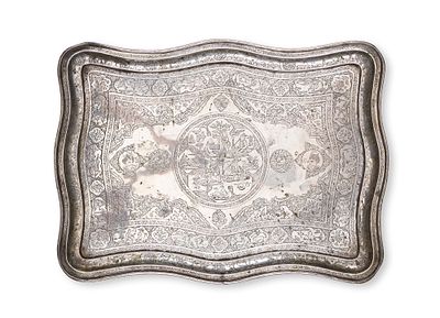 A PERSIAN HAND-ENGRAVED SILVER TRAY WITH HUNT AND COURTLY SCENES, PROBABLY BY MASTER JAAFAR. A 