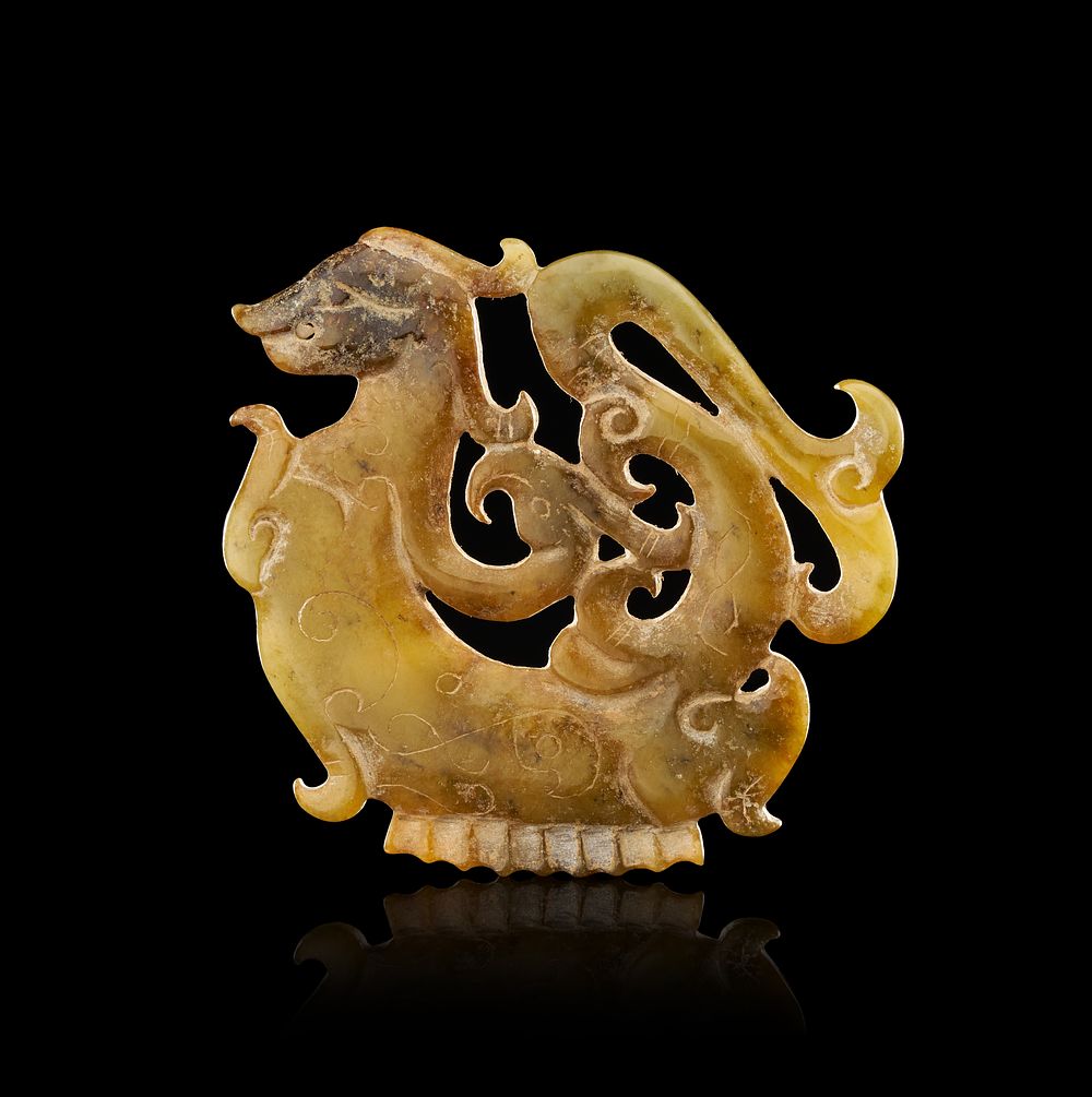 Lot 345: A CHINESE ARCHAIC STYLE RETICULATED JADE PLAQUE OF A MYTHICAL BEAST