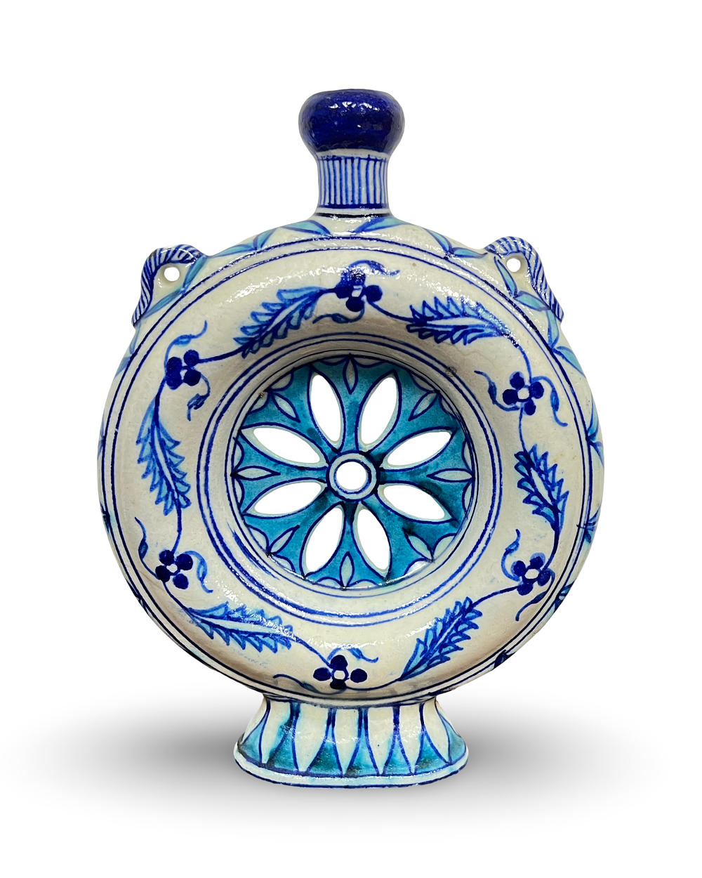 Lot 161: A MULTAN BLUE AND WHITE POTTERY ANNULAR MOON FLASK, INDIA, 19TH - 20TH CENTURY
