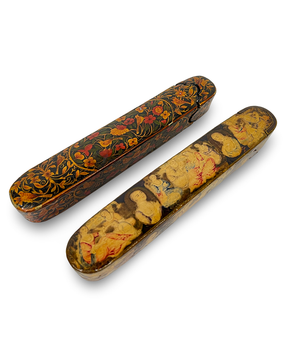Lot 316: TWO PERSIAN QAJAR LACQUERED PAPIER-MACHE PEN BOXES, 19TH CENTURY