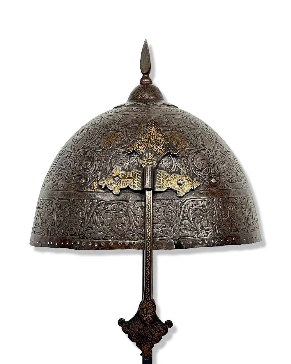 Lot 286: AN INDO-PERSIAN KULAH KHUD STEEL HELMET WITH FLORAL DESIGN, 19TH CENTURY
