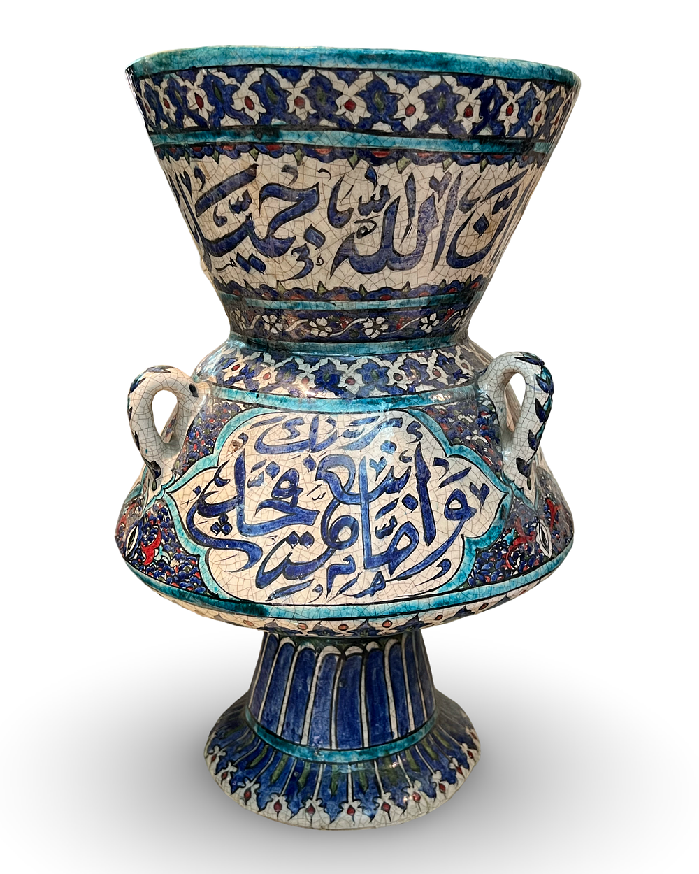 Lot 162: A LARGE ISLAMIC CALLIGRAPHIC CERAMIC MOSQUE LAMP VASE, SYRIA OR EGYPT, 19TH CENTURY