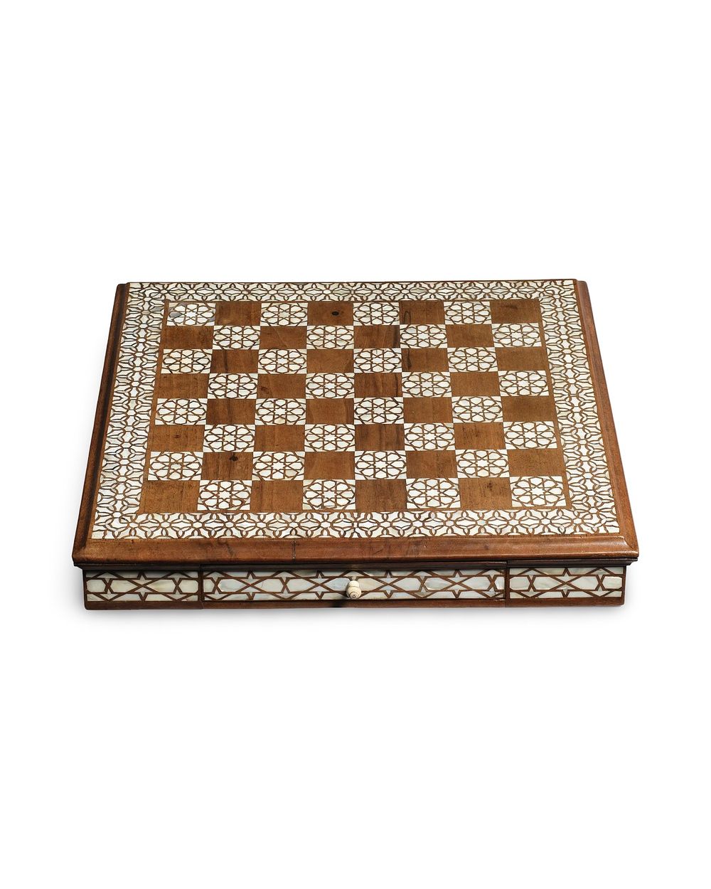 Lot 167: A MOTHER OF PEARL INLAID WOOD CHESS BOARD, EGYPT, 19TH CENTURY