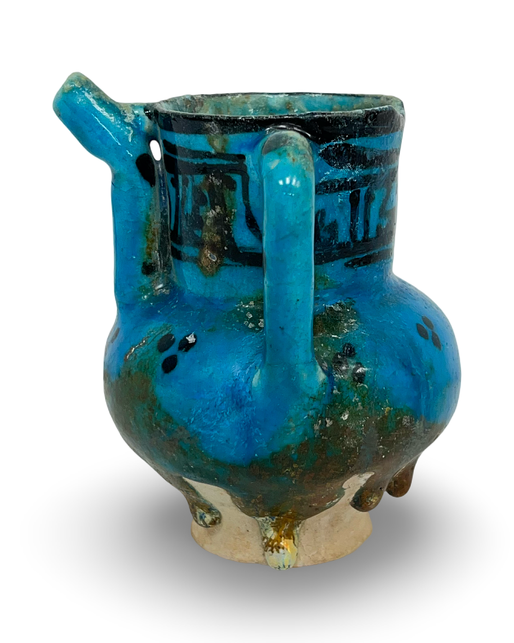 Lot 156: A TURQUOISE-GLAZED RAQQA CERAMIC EWER WITH BLACK UNDERGLAZE DECORATION, SYRIA, 12TH CENTURY