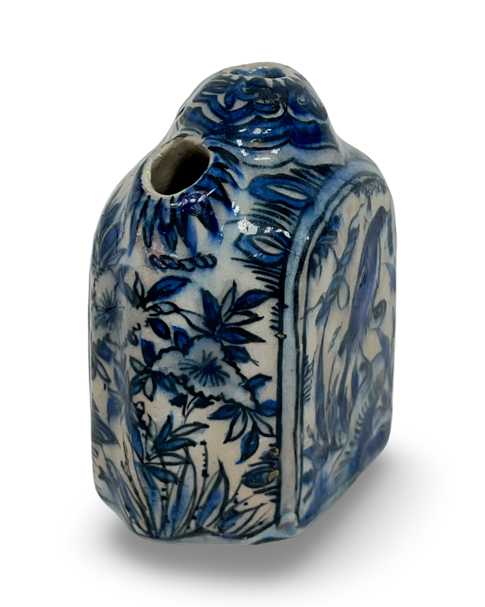 Lot 157: A SAFAVID BLUE AND WHITE QALYAN BOTTLE WITH CHINESE MOTIFS, PERSIA, 17TH CENTURY