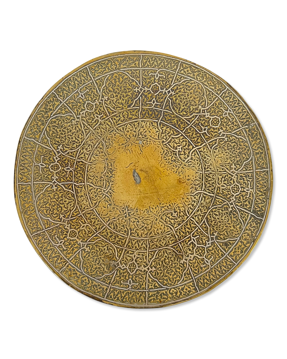 Lot 179: A MAMLUK VENETO-SARACENIC SILVER INLAID BRASS DISH, SYRIA OR EGYPT, 15TH CENTURY