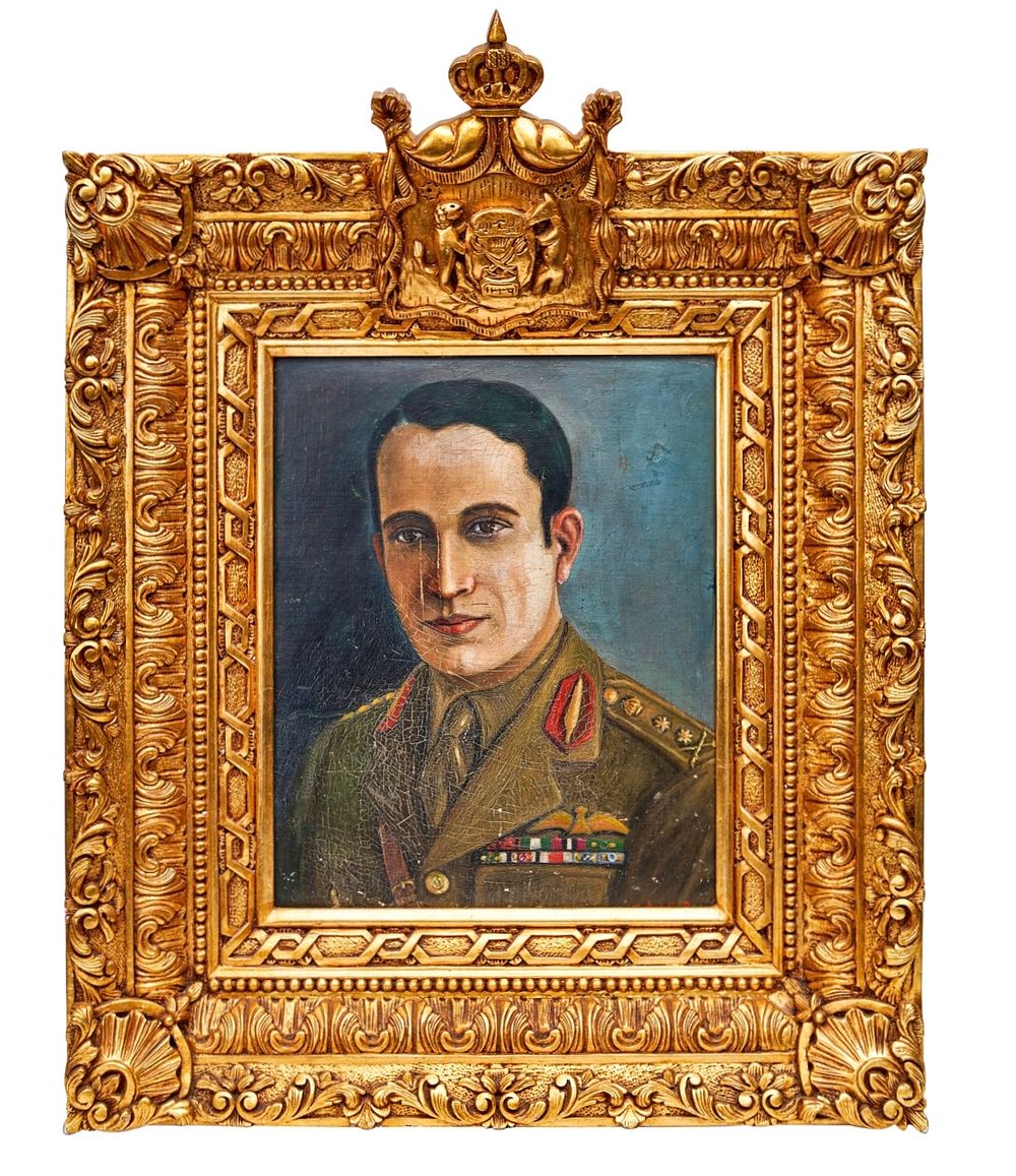Lot 322: A RARE PORTRAIT PAINTING DEPICTING THE IRAQI KING IN MILITARY UNIFORM, 20TH CENTURY