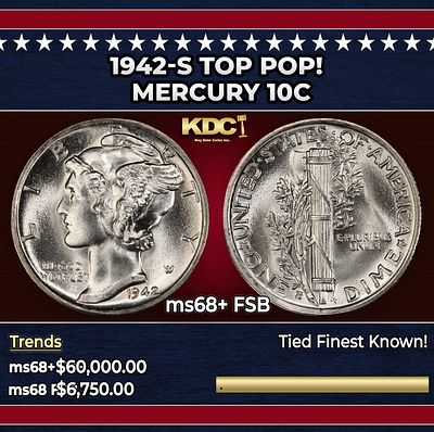 1942-s Mercury Dime TOP POP! 10c ms68+ FSB SEGS. 1942-s TOP POP! Mercury Dime 10c ms68+ FSB SEGS.