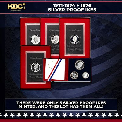 1971-1974 + 1976 Silver Proof Ikes Sets, 5 Sets, 7 Coins, 5 SILVER PROOF IKES.