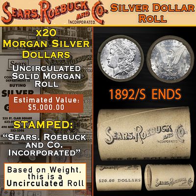 RR- 20 Uncirculated Morgan Silver Dollars $1 SEARS Roll 1892/'S' Rev Ends. Up For Auction is a 