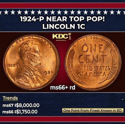 1924-p Lincoln Cent Near Top Pop! 1c ms66+ rd SEGS. 1924-p Near Top Pop! Lincoln Cent 1c ms66+ 
