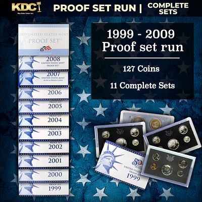 1999-2009 Full Proof Set Run - 127 Coins, 11 Sets Complete 50 State Quarters, Territories Run 