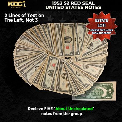 5x 1953 $2 Red Seal United States Note Grades AU. 1953 red print two dollar bills can be broke 