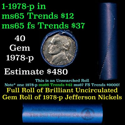 BU Shotgun Jefferson 5c roll, 1978-p 40 pcs Bank $2 Nickel Wrapper.