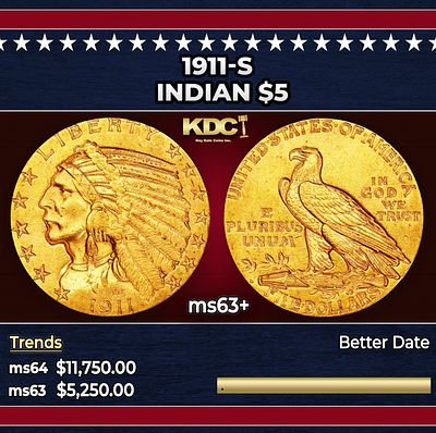 1911-s Gold Indian Half Eagle $5 ms63+ USCG. The 1911-S is a better date in the Indian half 