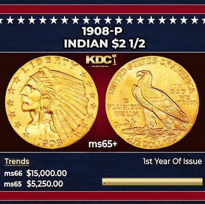 1908-p Gold Indian Quarter Eagle $2 1/2 ms65+ SEGS. The first-year-of-issue 1908 Indian five 
