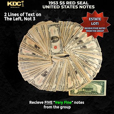 5x 1953 $5 Red Seal United States Note Grades VF. 1953 red seal five dollar bills come in four 