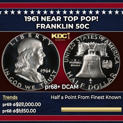 1961 Proof Franklin Half Dollar Near Top Pop! 50c pr68+ DCAM SEGS. 1961 Near Top Pop! Franklin 