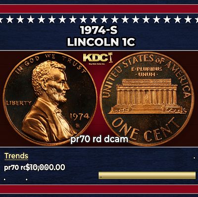 1974-s Proof Lincoln Cent 1c pr70 rd dcam SEGS. 1974-s Lincoln Cent 1c pr70 rd dcam SEGS.