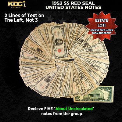 5x 1953 $5 Red Seal United States Note Grades AU. 1953 red seal five dollar bills come in four 
