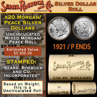 YR- 20 Mixed Morgan/Peace Unc SEARS Dollar $1 Roll 1921 Peace/Morgan 'P' Rev Ends. Up For 