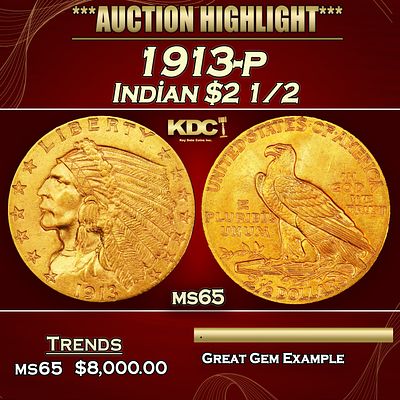 1913-p Gold Indian Quarter Eagle $2 1/2 ms65 SEGS.