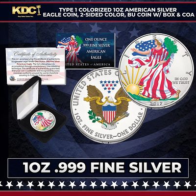 Type 1 Colorized 1oz American Silver Eagle Coin, 2-Sided Color, BU Coin w/ Box & COA Grades 