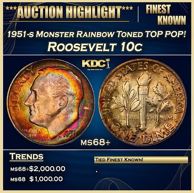 1951-s Roosevelt Dime Monster Rainbow Toned TOP POP! 10c ms68+ SEGS. 1951-s Monster Rainbow 