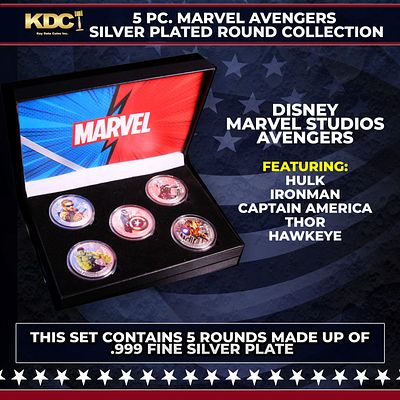 5 Coin Silver Plated Marvel Avengers Superhero Set Includes Hulk, Iron Man, Hawkeye, Thor, & 