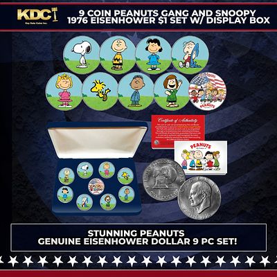 9 Coin Charlie Brown Peanuts Gang and Snoopy 1976 Eisenhower $1 Set w/ Display Box Grades Other Toy